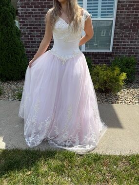 Mary's Bridal Blush Pink Lace Appliqué Ball Gown